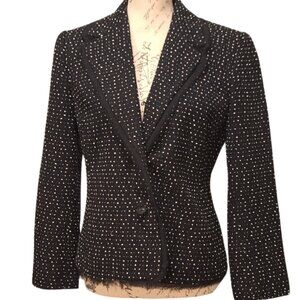 Sag Harbor Womens Blazer Black Fringed Fitted Polka-Dot 6 Petite Academia Office